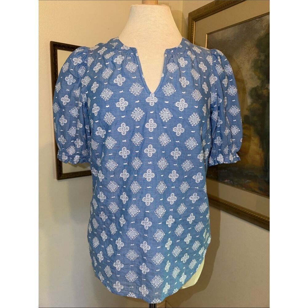 Talbots Blue/White Embroidered Cotton Puff Sleeve Top Size XS